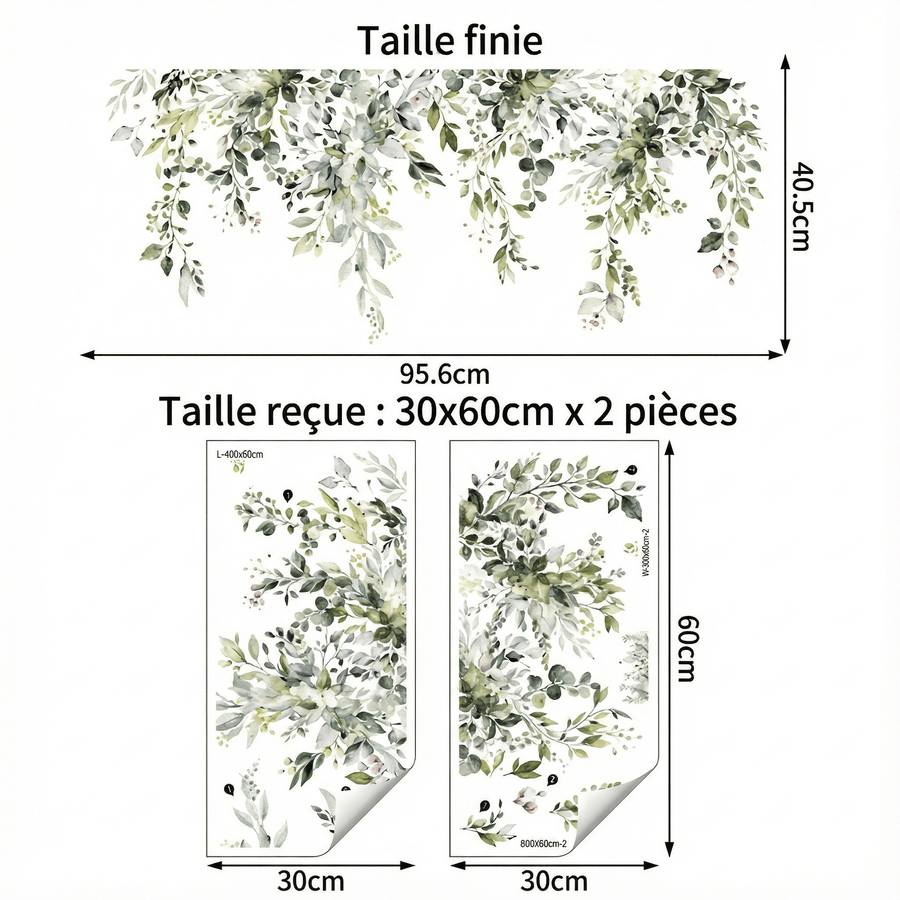 Comparaison entre la planche reçue et le motif posé : Stickers Muraux Feuillage Suspendu Décoratif