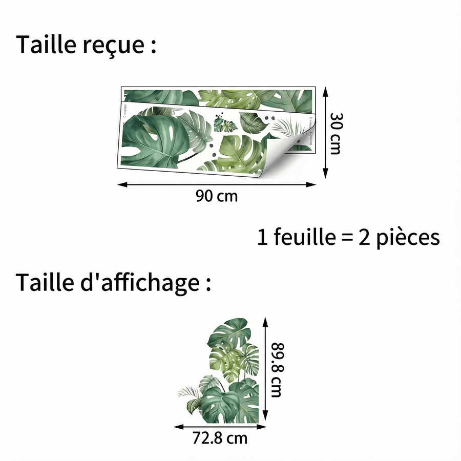 Comparaison entre la planche reçue et le motif posé : Stickers Muraux Feuillage Tropicale