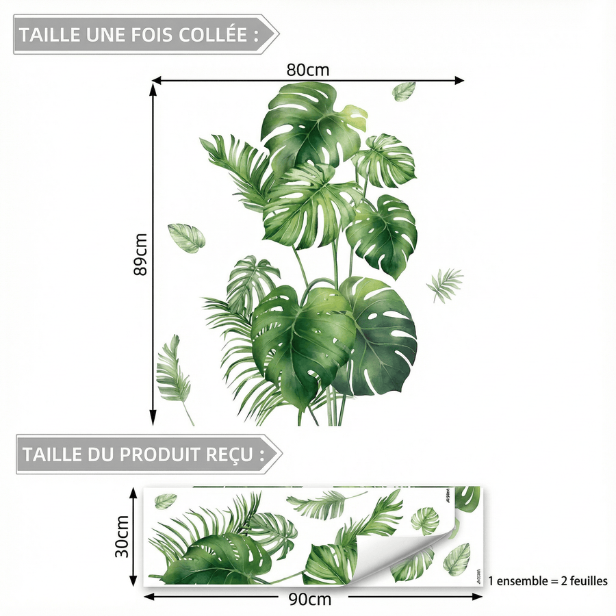 Comparaison entre la planche reçue et le motif posé : Stickers Muraux Feuilles Tropicales Jungle