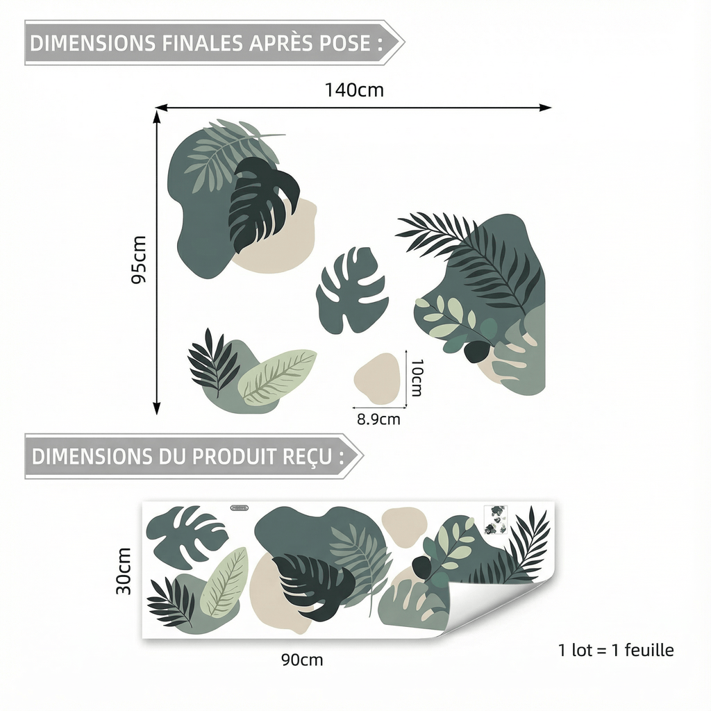 Stickers Muraux Feuilles Vertes Aquarelle - dimensions