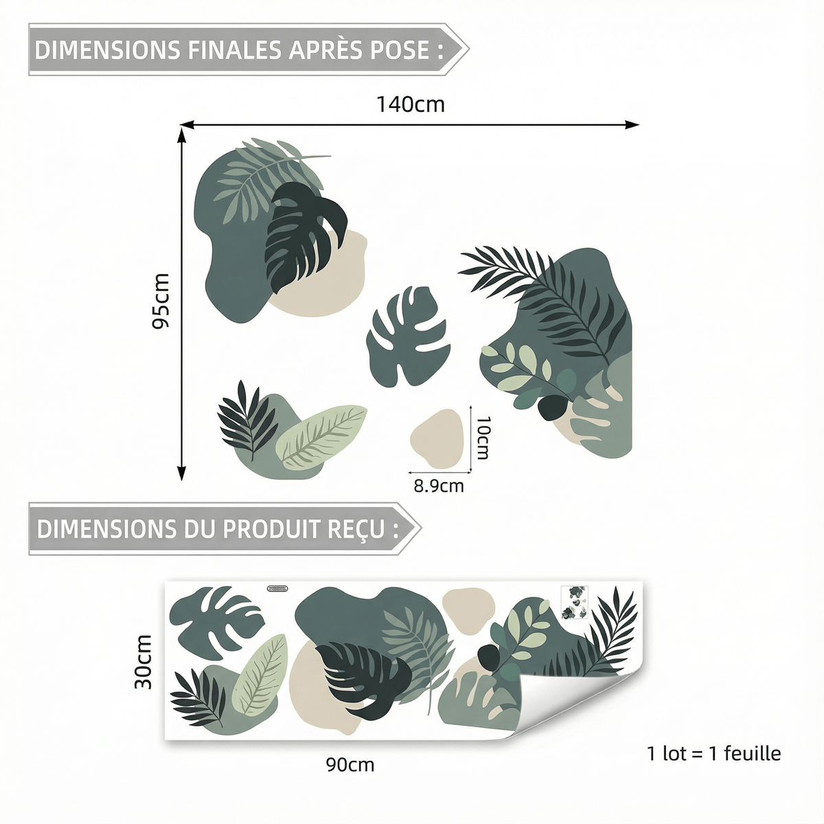 Stickers Muraux Feuilles Vertes Aquarelle - dimensions