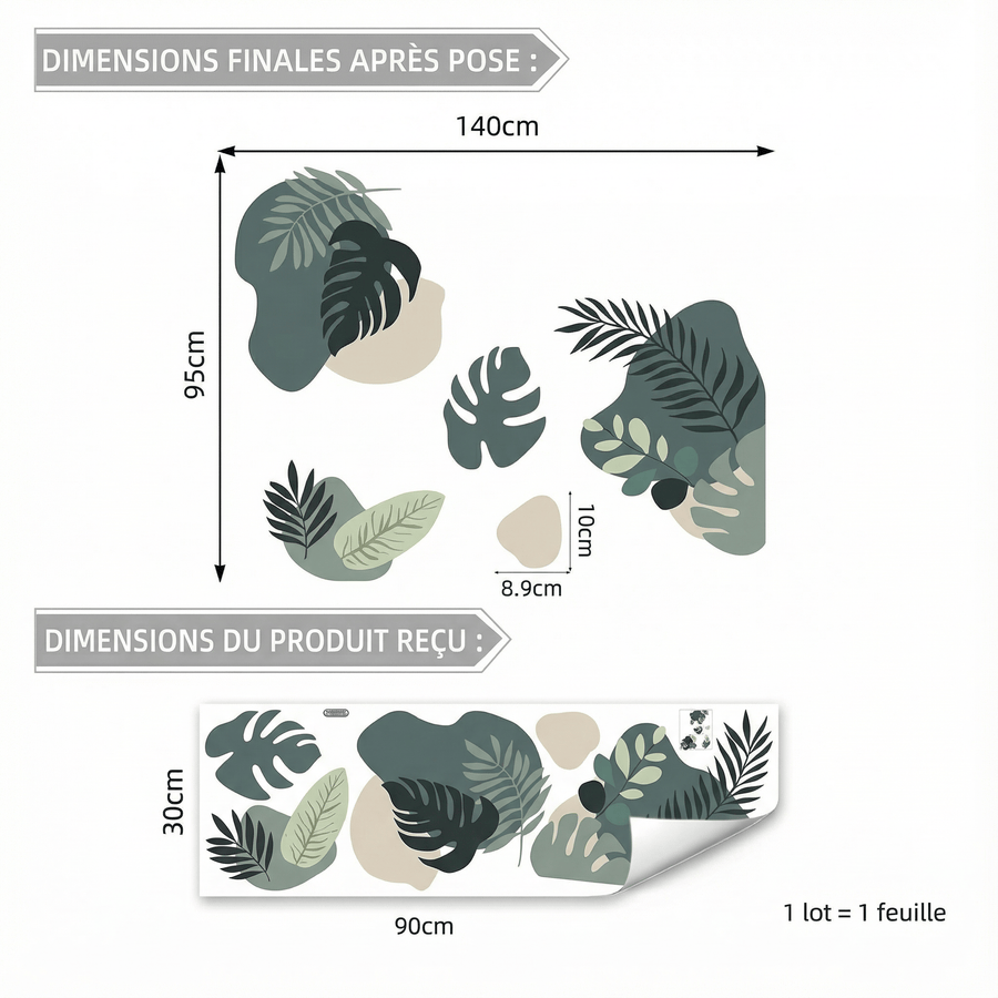 Comparaison entre la planche reçue et le motif posé : Stickers Muraux Feuilles Vertes Aquarelle