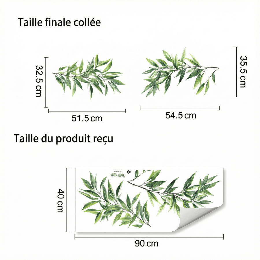 Comparaison entre la planche reçue et le motif posé : Stickers Muraux Feuilles de Bambou