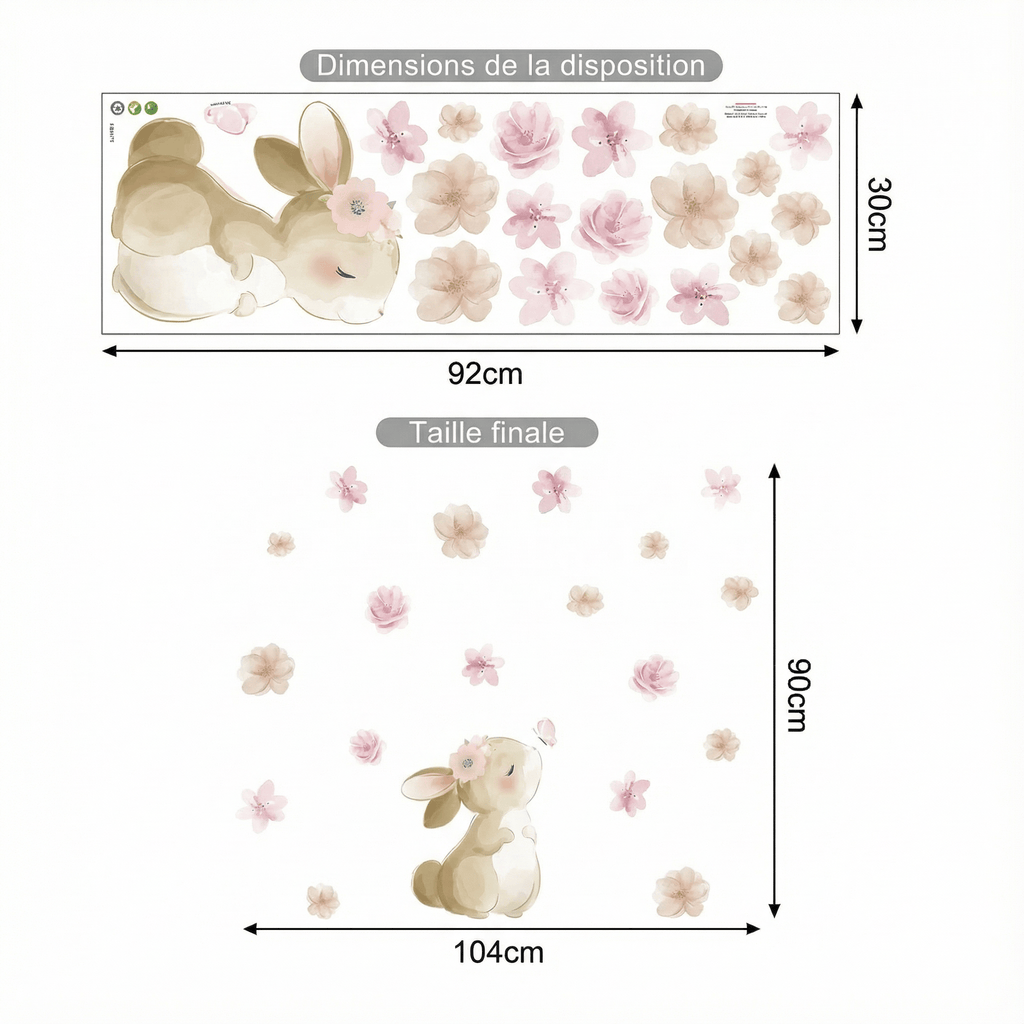Stickers Muraux Fille Lapin et Papillons - dimensions
