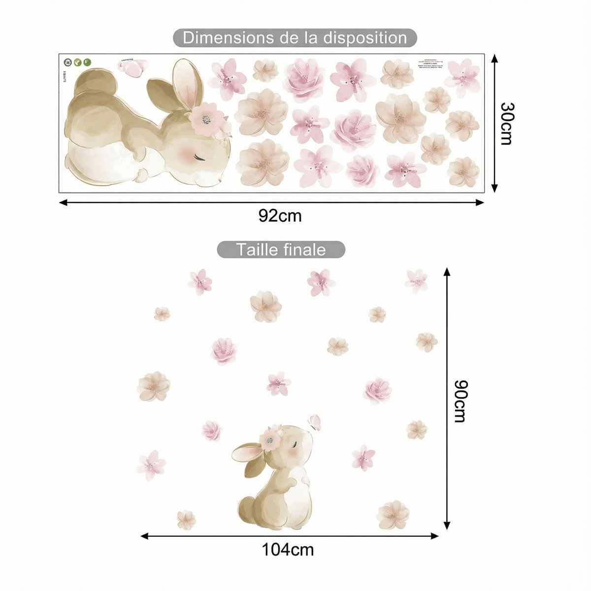 Stickers Muraux Fille Lapin et Papillons - dimensions