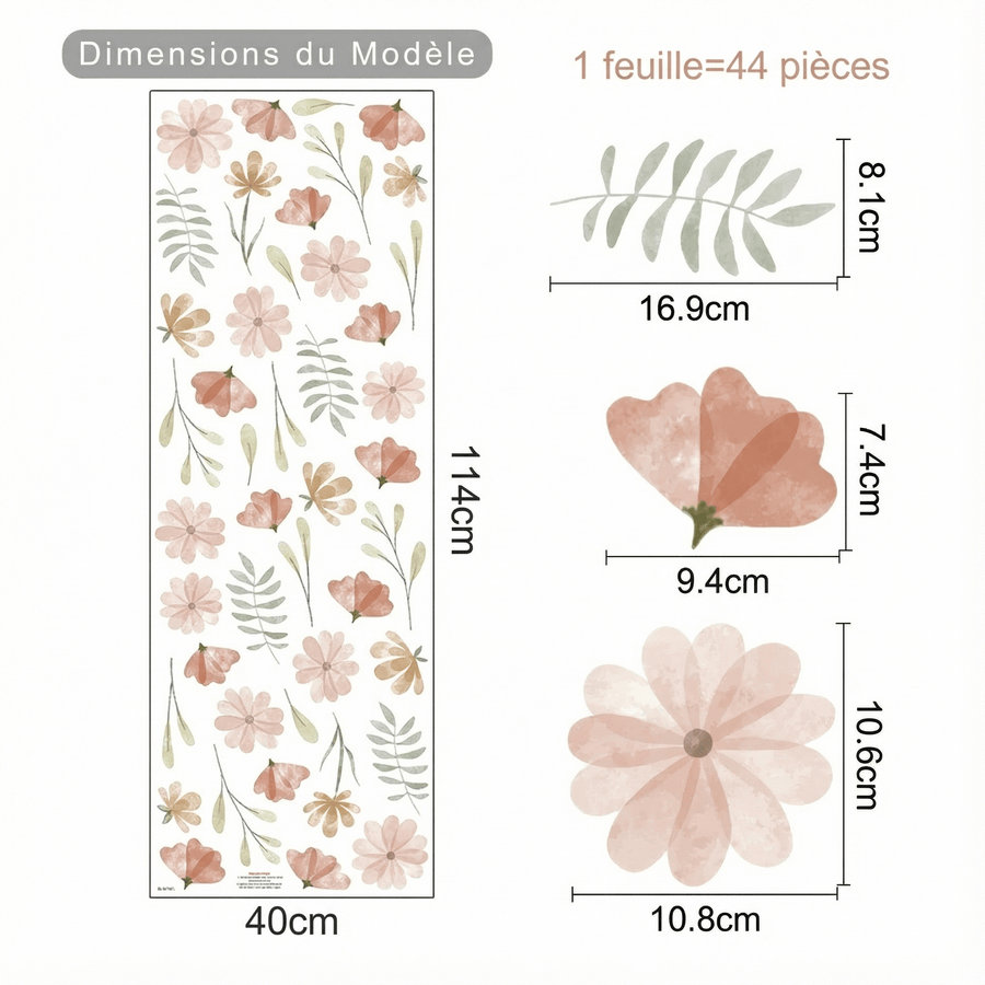 Comparaison entre la planche reçue et le motif posé : Stickers Muraux Fleurs Aquarelle