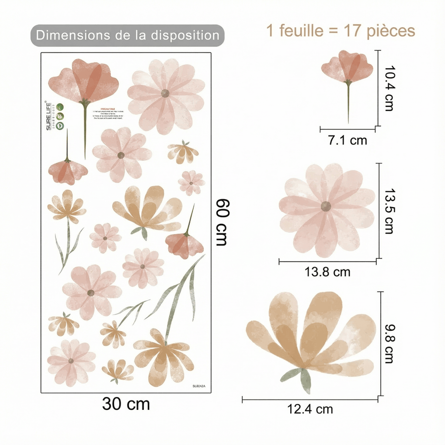 Comparaison entre la planche reçue et le motif posé : Stickers Muraux Fleurs Bohème