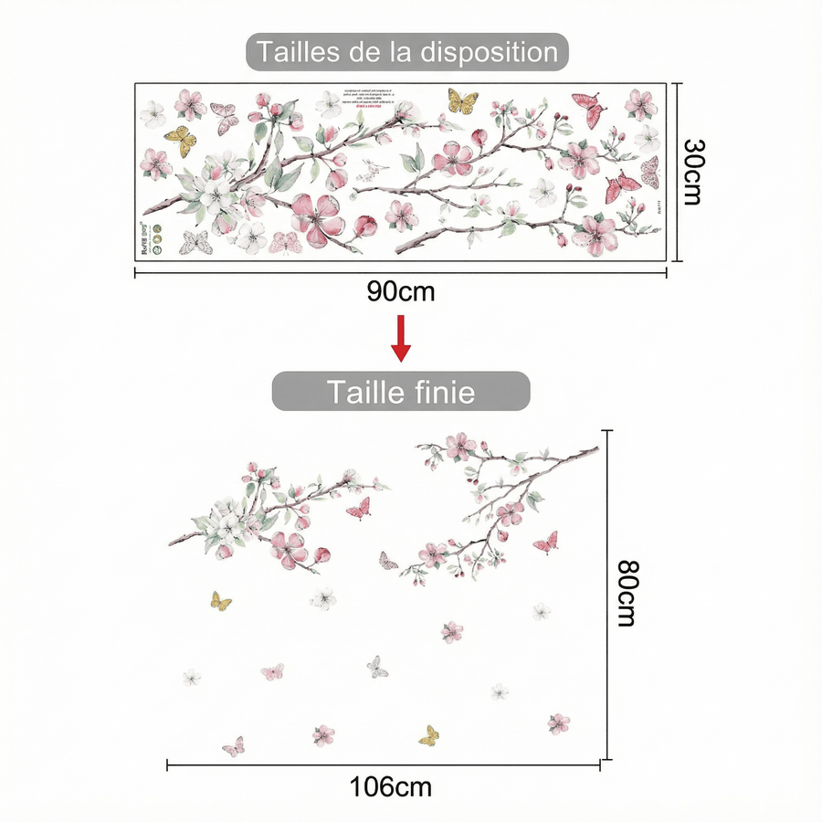 Comparaison entre la planche reçue et le motif posé : Stickers Muraux Fleurs de Cerisier et Papillons