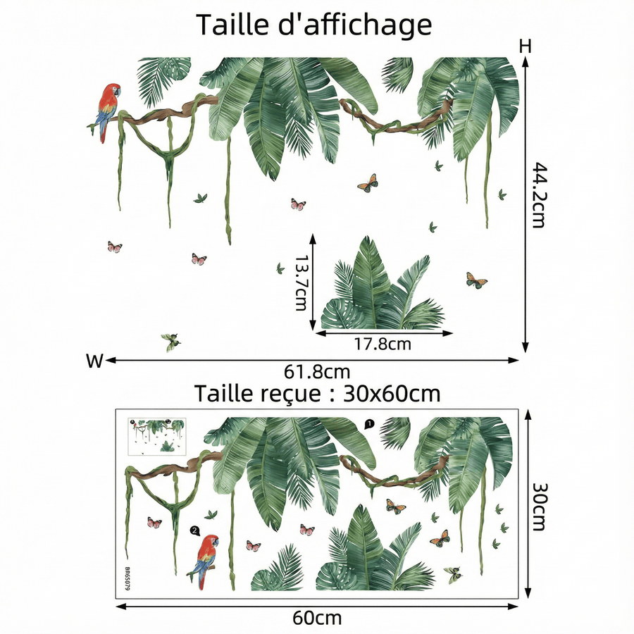 Comparaison entre la planche reçue et le motif posé : Stickers Muraux Jungle Exotique