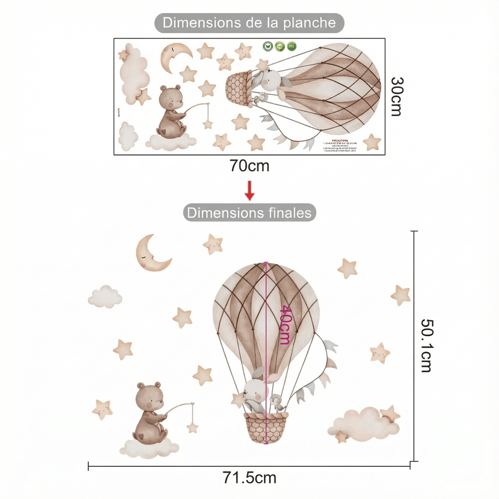 Stickers Muraux Lapin Montgolfière - dimensions