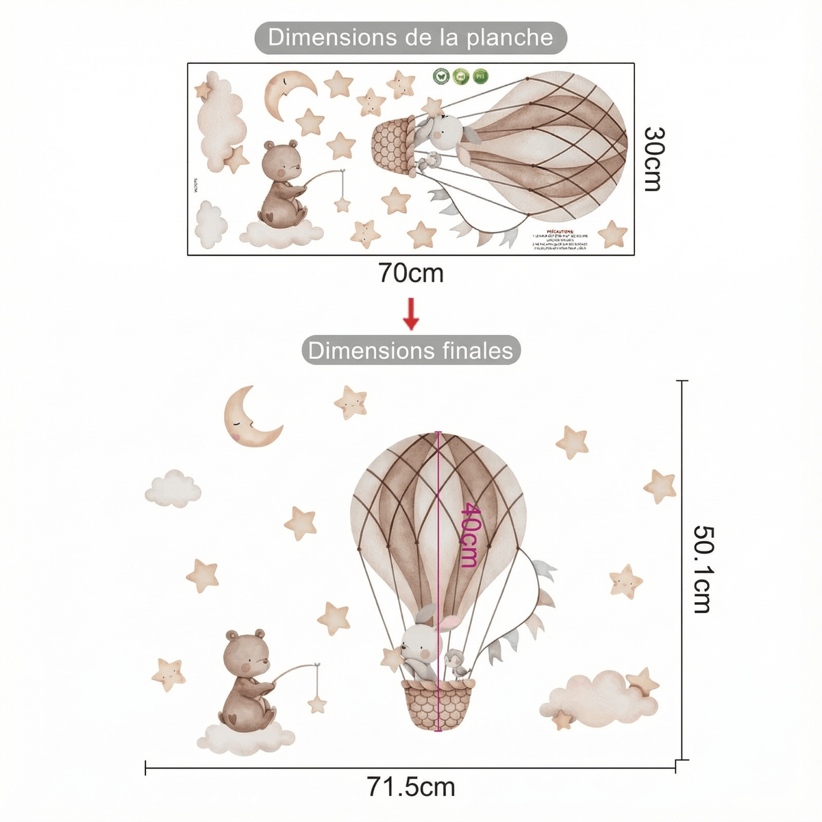Stickers Muraux Lapin Montgolfière - dimensions