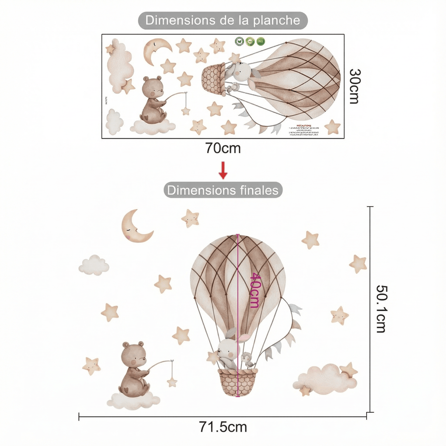 Comparaison entre la planche reçue et le motif posé : Stickers Muraux Lapin Montgolfière