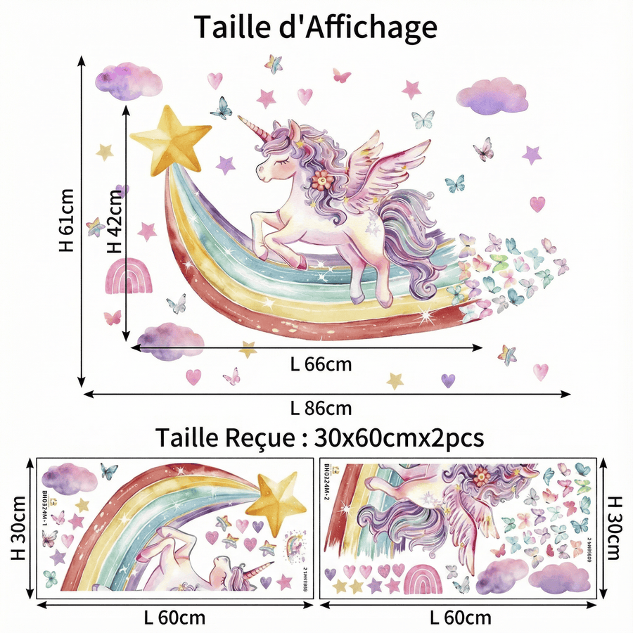 Comparaison entre la planche reçue et le motif posé : Stickers Muraux Licorne Arc-en-Ciel Chambre Enfant