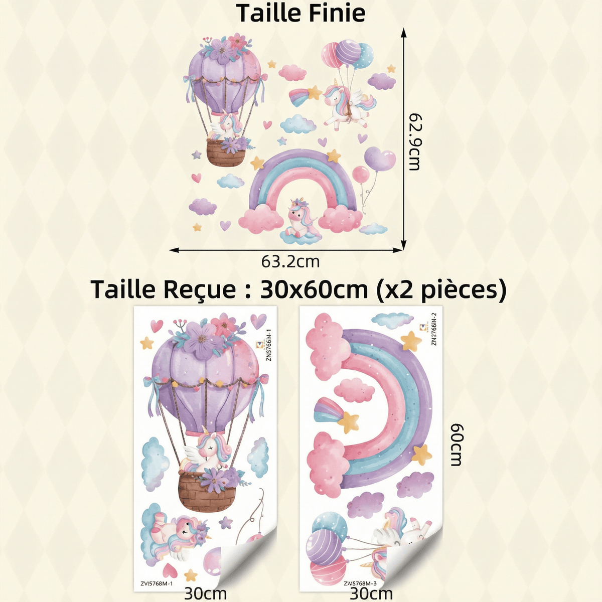 Stickers Muraux Licorne Style Arc-en-Ciel - dimensions