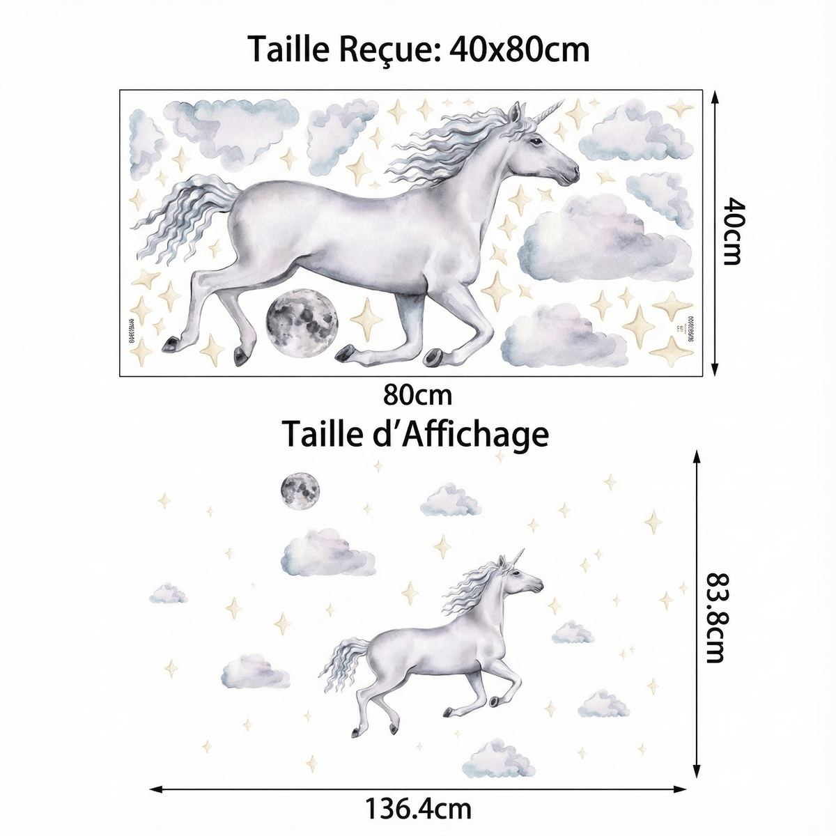 Stickers Muraux Licorne dans Nuages - dimensions