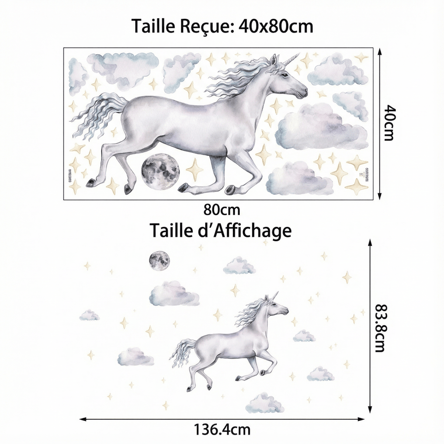 Comparaison entre la planche reçue et le motif posé : Stickers Muraux Licorne dans Nuages