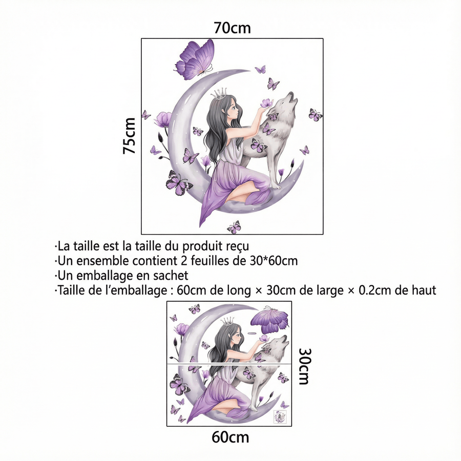 Comparaison entre la planche reçue et le motif posé : Stickers Muraux Lune Chambre Fille Ado