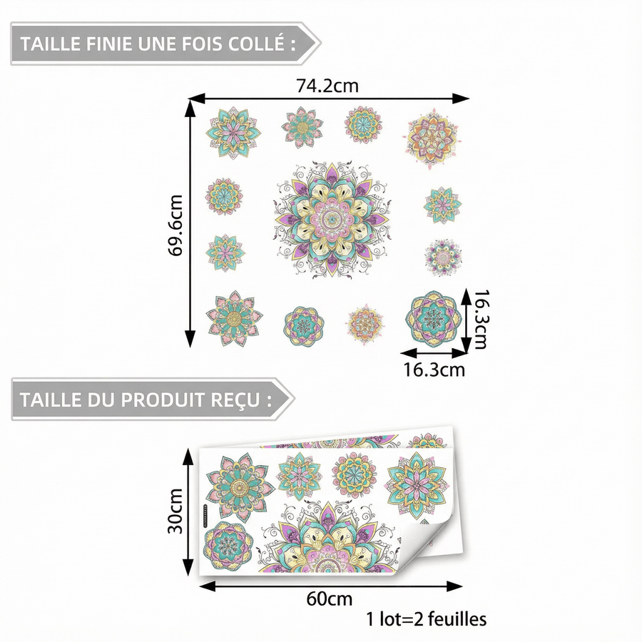 Comparaison entre la planche reçue et le motif posé : Stickers Muraux Mandala Muticolore