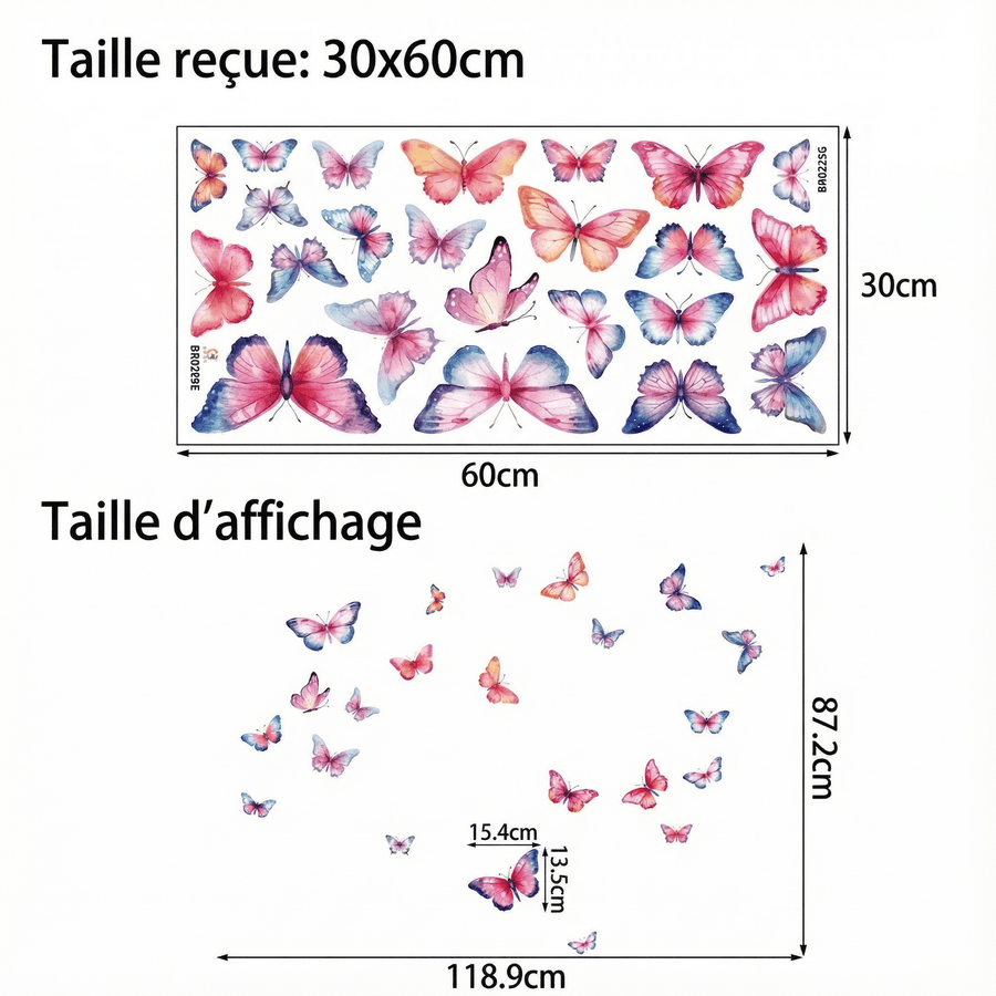 Comparaison entre la planche reçue et le motif posé : Stickers Muraux Papillons Aquarelle