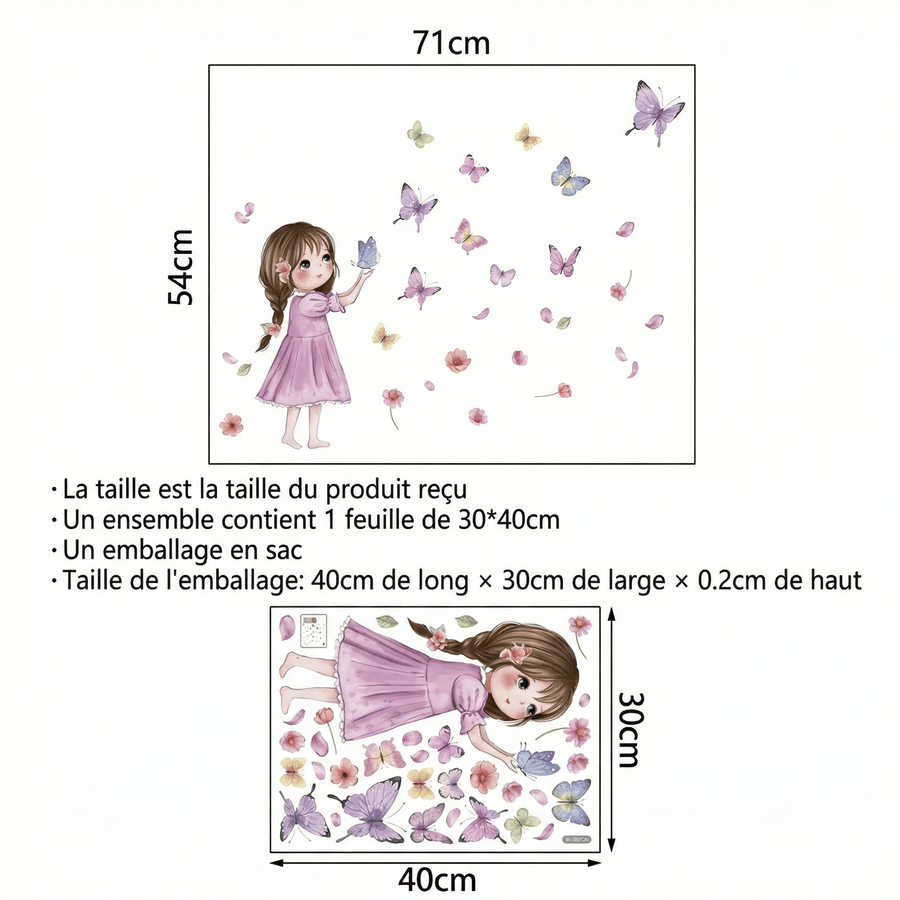 Comparaison entre la planche reçue et le motif posé : Stickers Muraux Papillons Chambre Fille