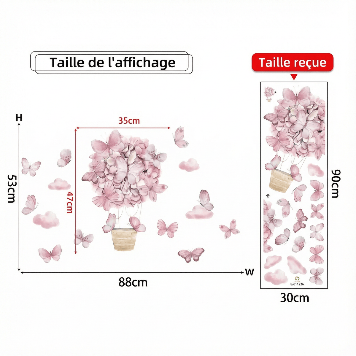 Stickers Muraux Papillons Montgolfière Rose - dimensions