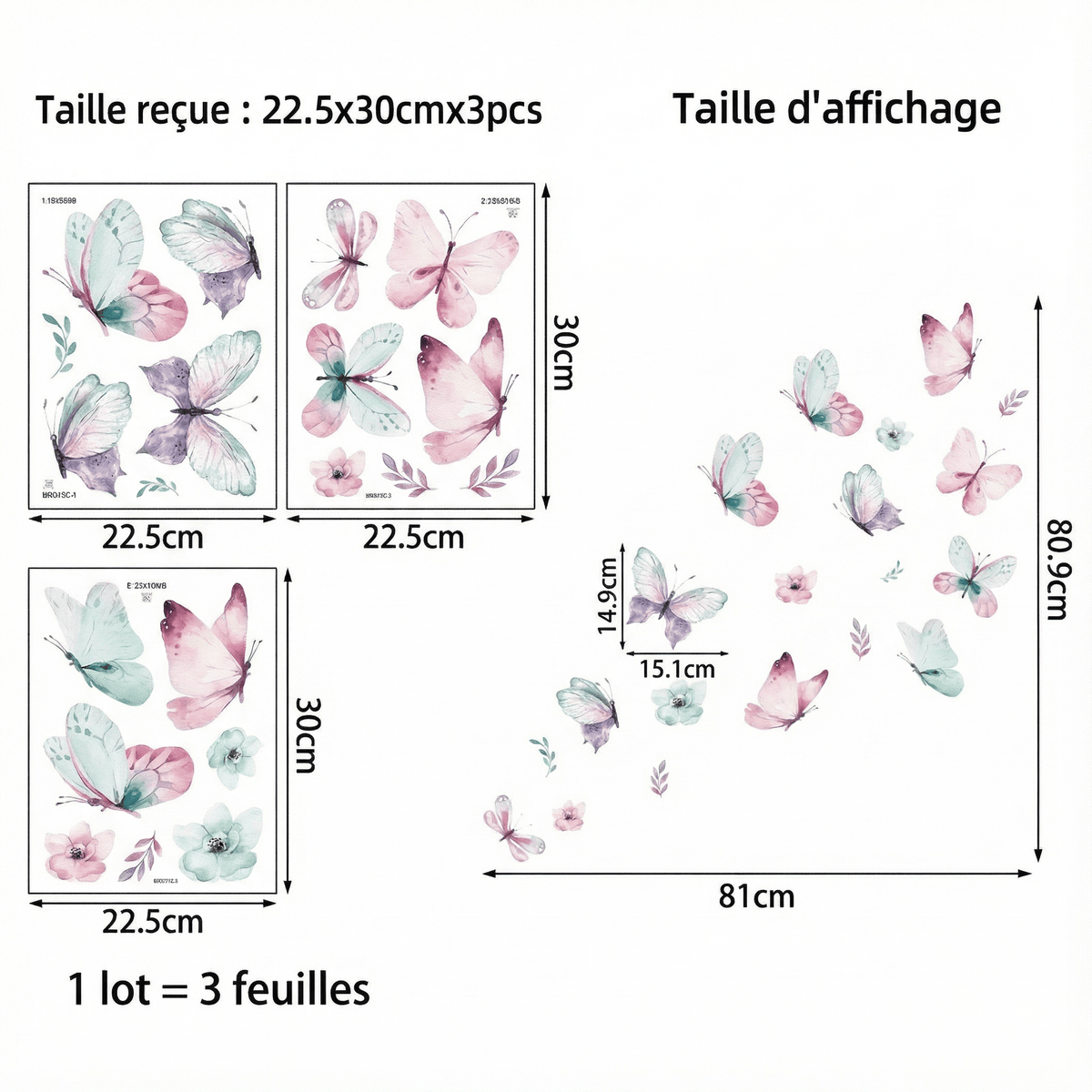 Stickers Muraux Papillons Pastel - dimensions