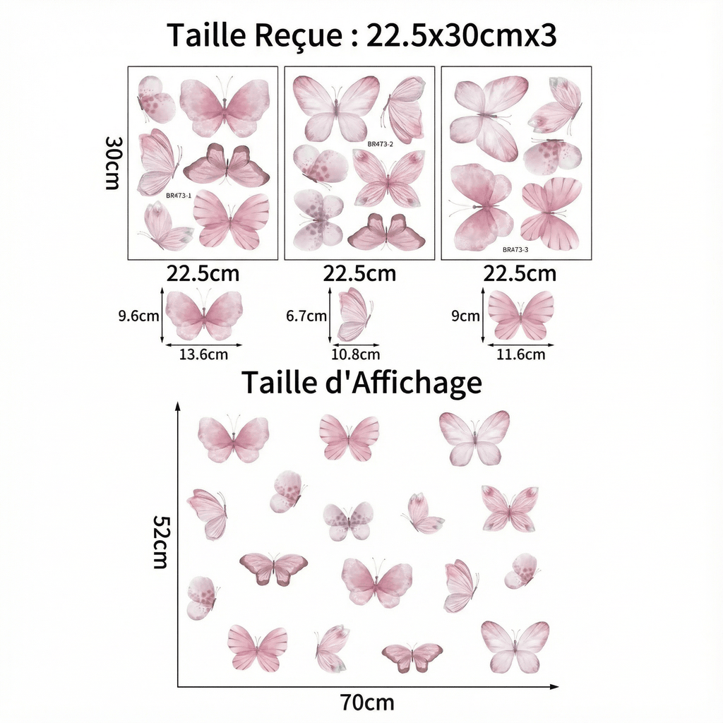 Stickers Muraux Papillons Roses - dimensions