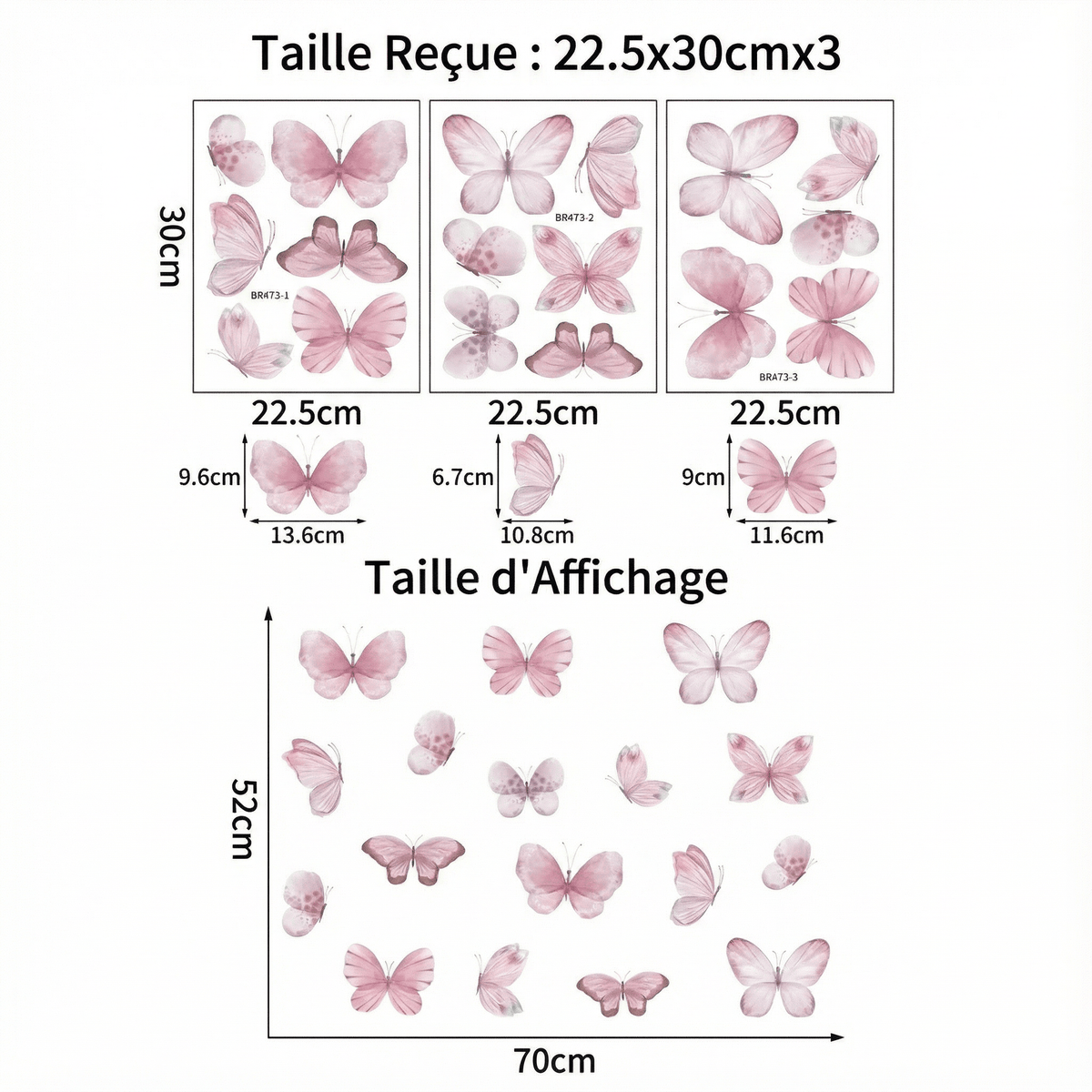 Stickers Muraux Papillons Roses - dimensions