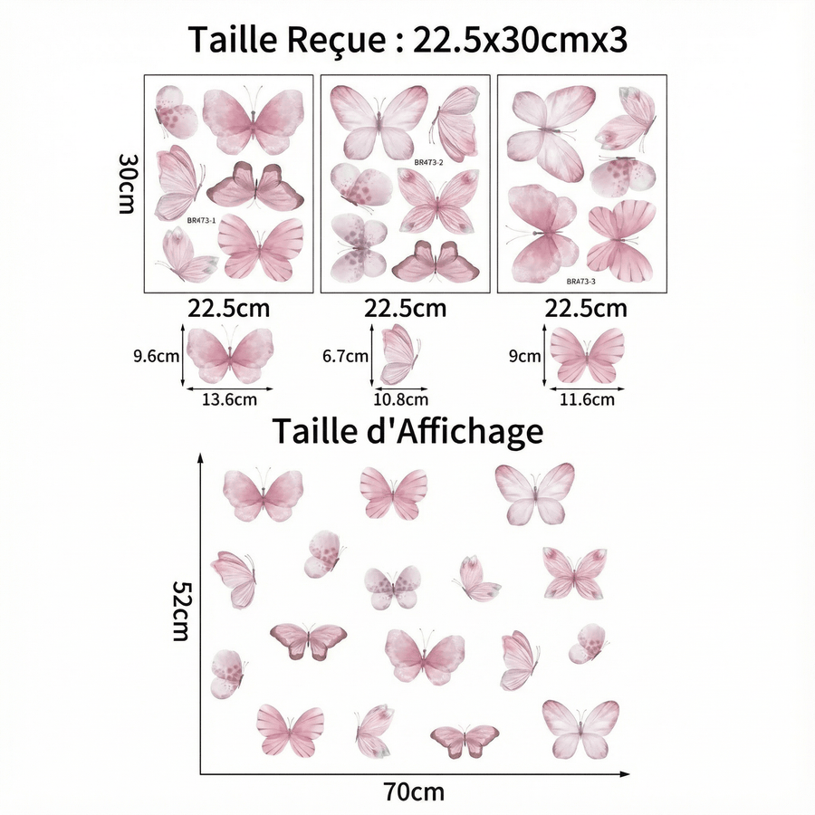 Comparaison entre la planche reçue et le motif posé : Stickers Muraux Papillons Roses