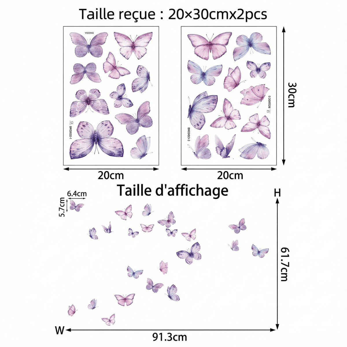 Stickers Muraux Papillons Violet - dimensions