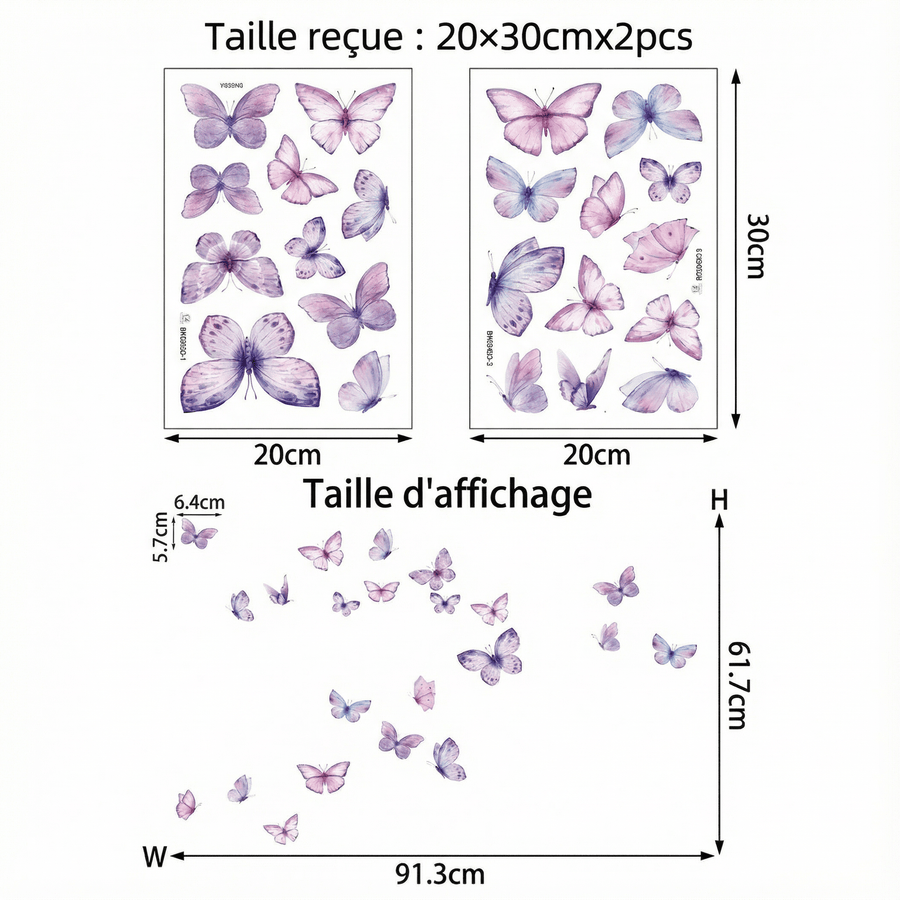 Comparaison entre la planche reçue et le motif posé : Stickers Muraux Papillons Violet