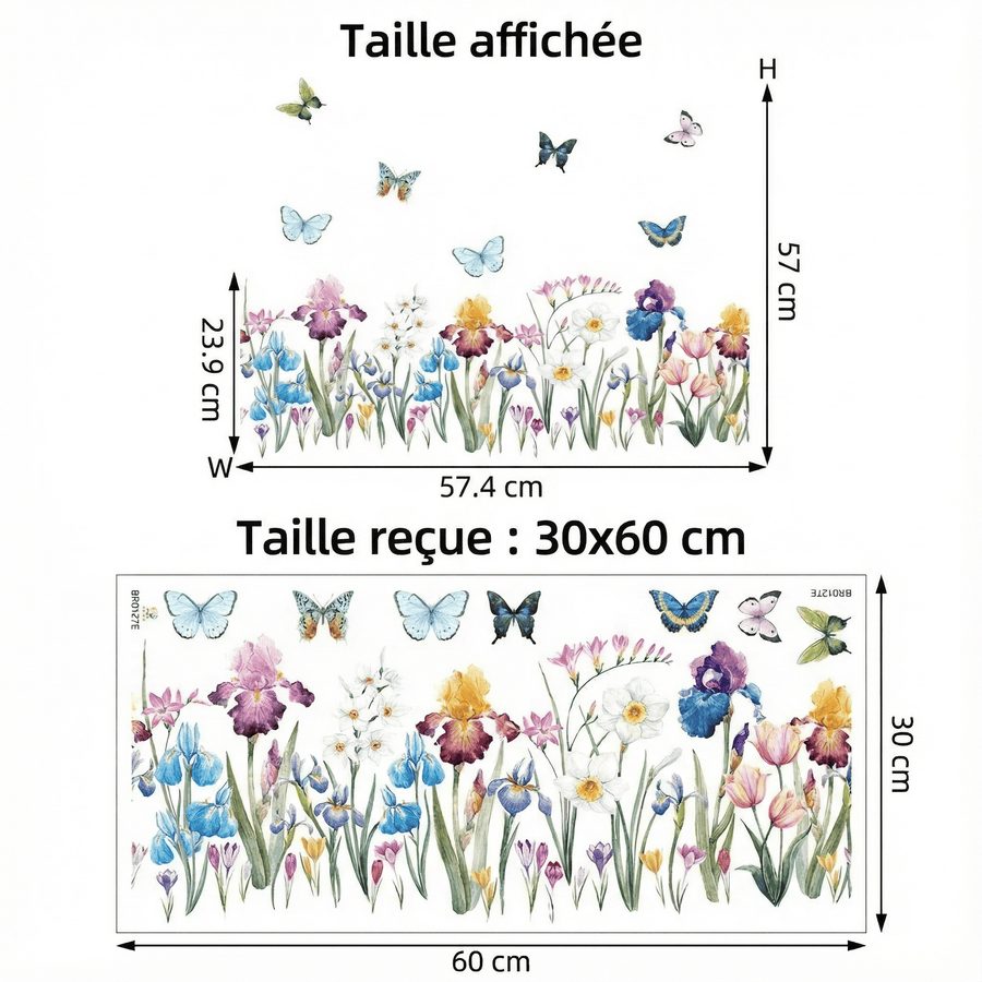 Comparaison entre la planche reçue et le motif posé : Stickers Muraux Papillons avec Fleurs