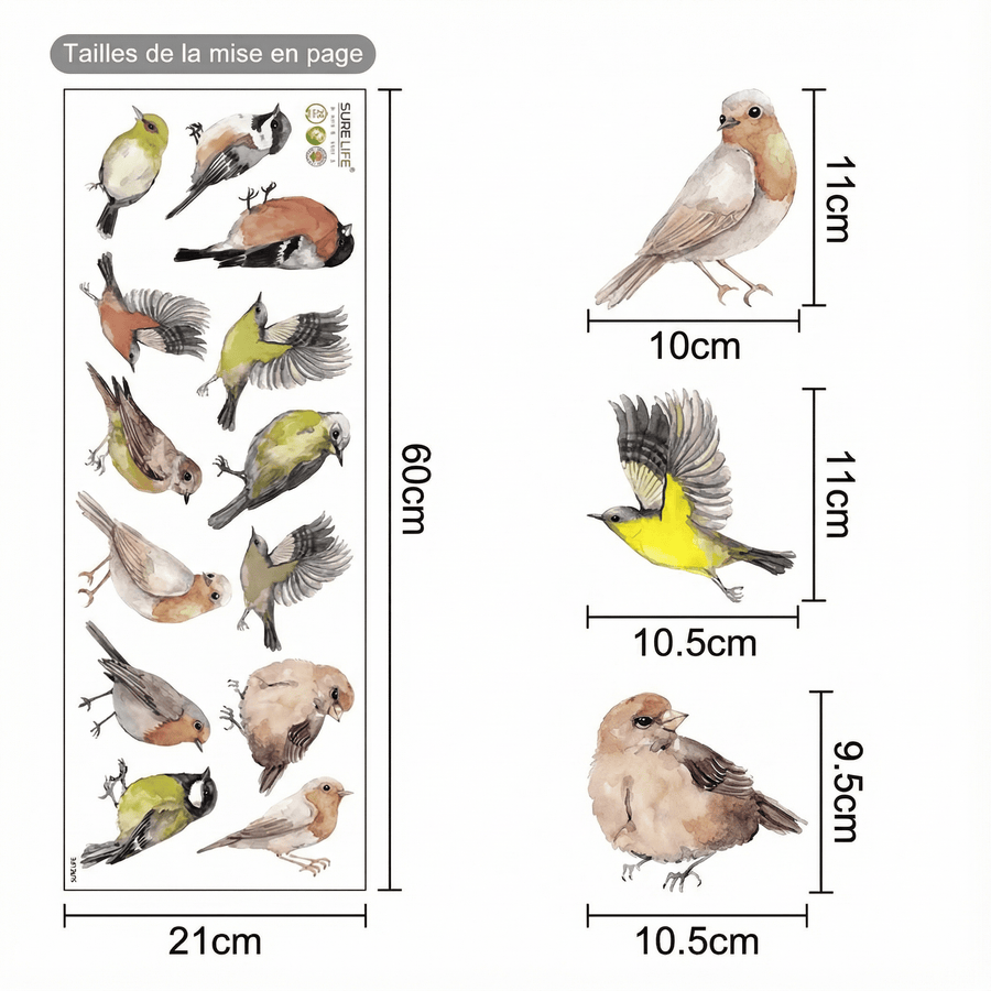 Comparaison entre la planche reçue et le motif posé : Stickers Muraux Petits Oiseaux
