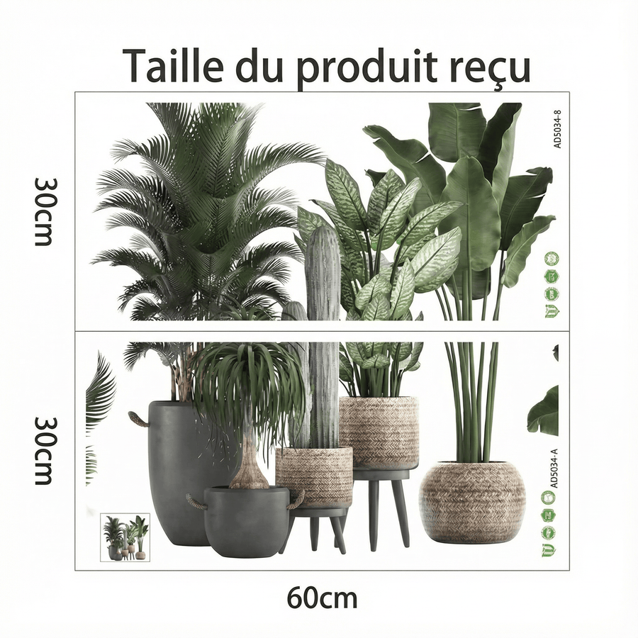 Comparaison entre la planche reçue et le motif posé : Stickers Muraux Plante Verte Tropical en Pot