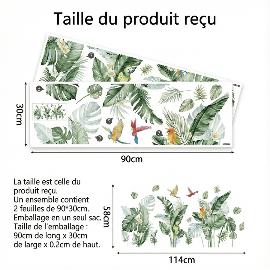Comparaison entre la planche reçue et le motif posé : Stickers Muraux Plantes Tropicales avec Perroquets