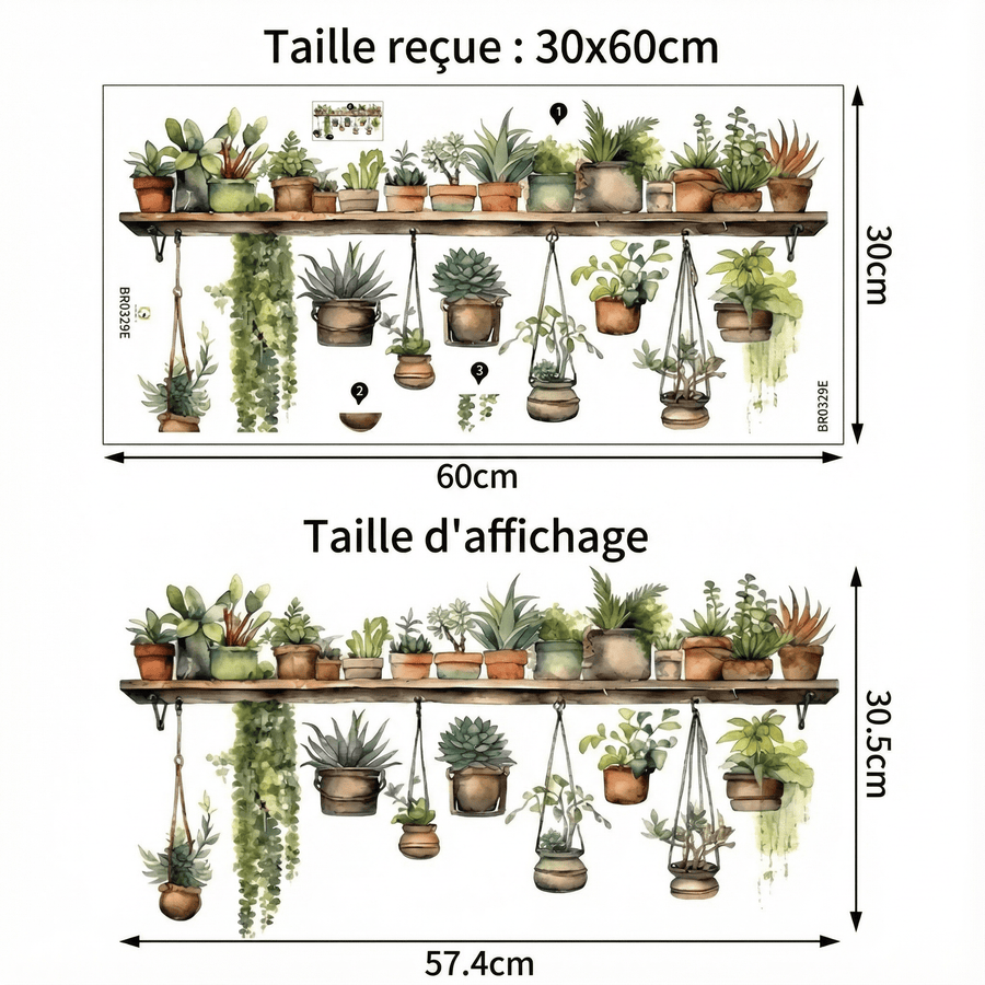 Comparaison entre la planche reçue et le motif posé : Stickers Muraux Plantes en Pot Suspendus