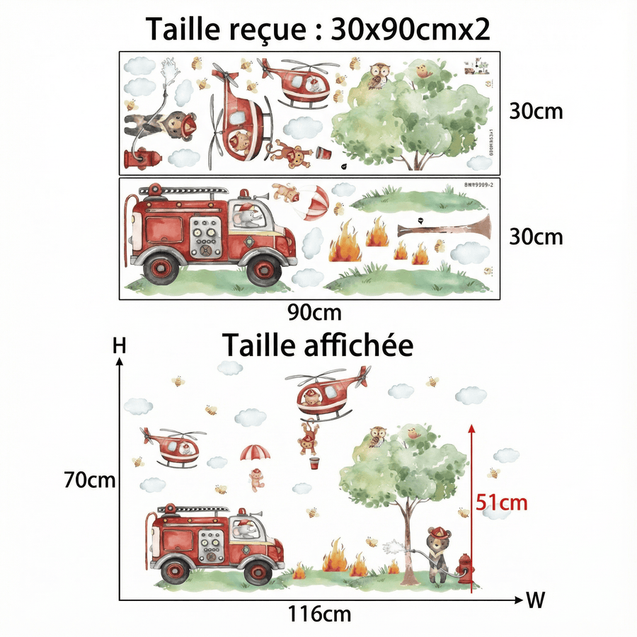 Comparaison entre la planche reçue et le motif posé : Stickers Muraux Pompier Chambre Enfant