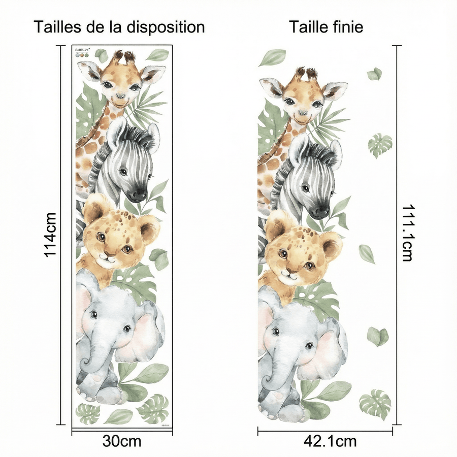 Comparaison entre la planche reçue et le motif posé : Stickers Muraux Porte Chambre Enfant Animaux de la Jungle