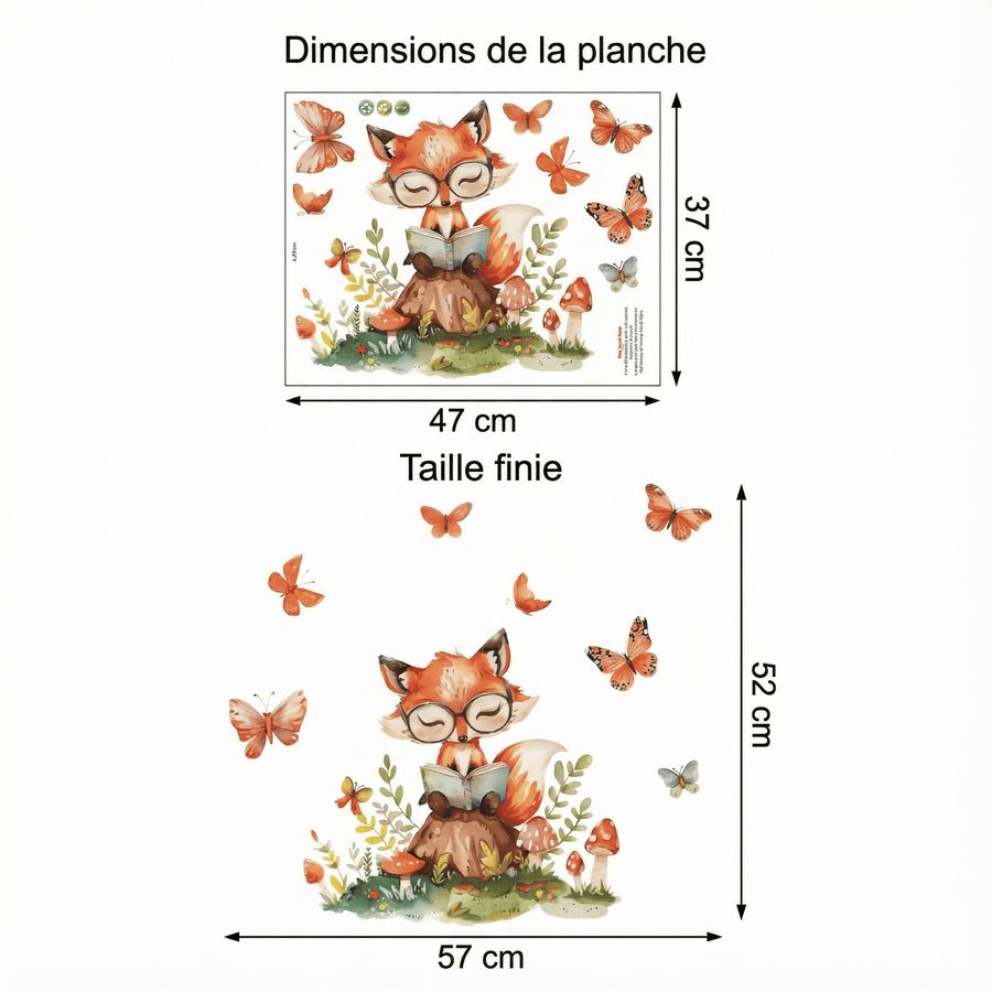 Comparaison entre la planche reçue et le motif posé : Stickers Muraux Renard Enfant