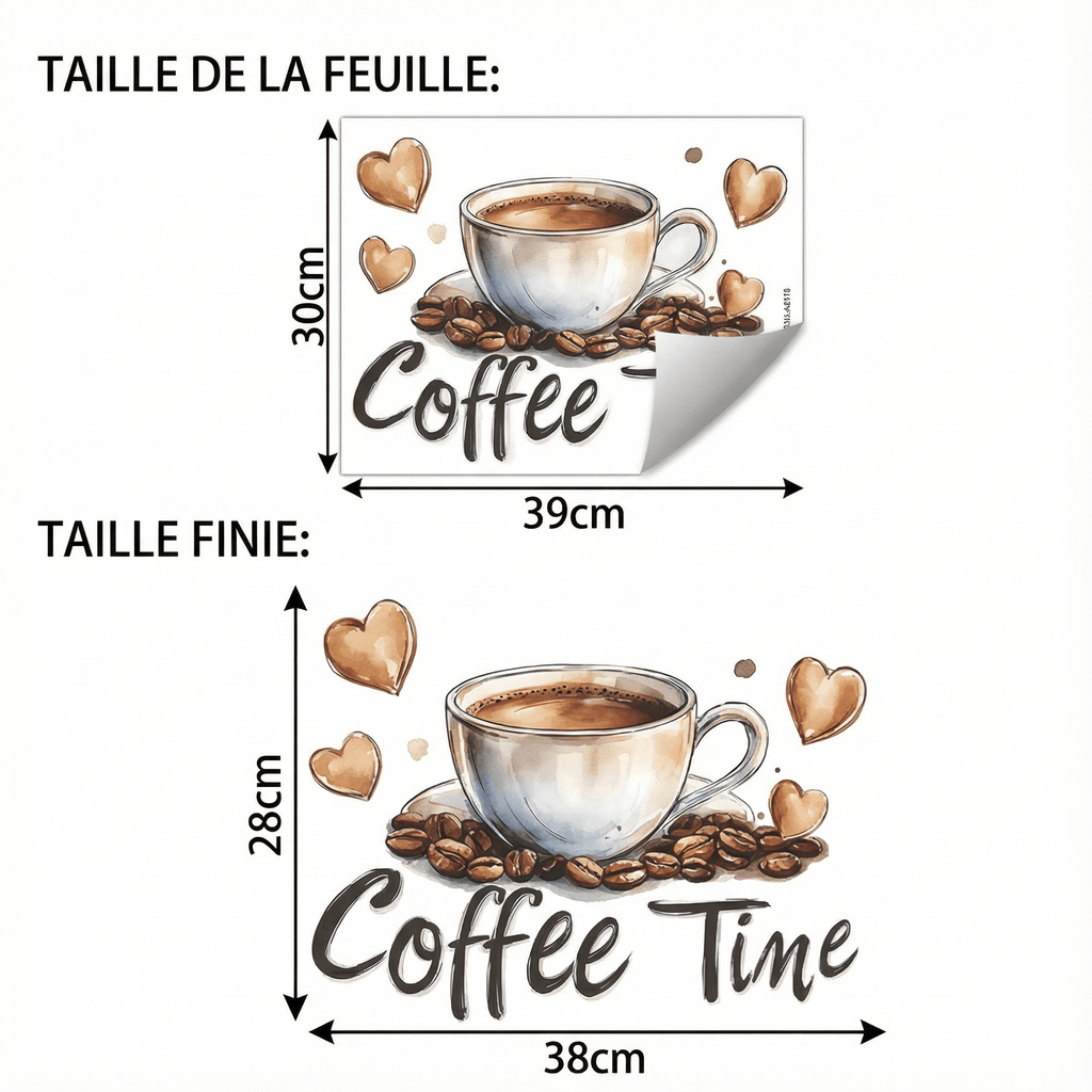 Stickers Muraux Tasse de Café avec Cœurs - dimensions