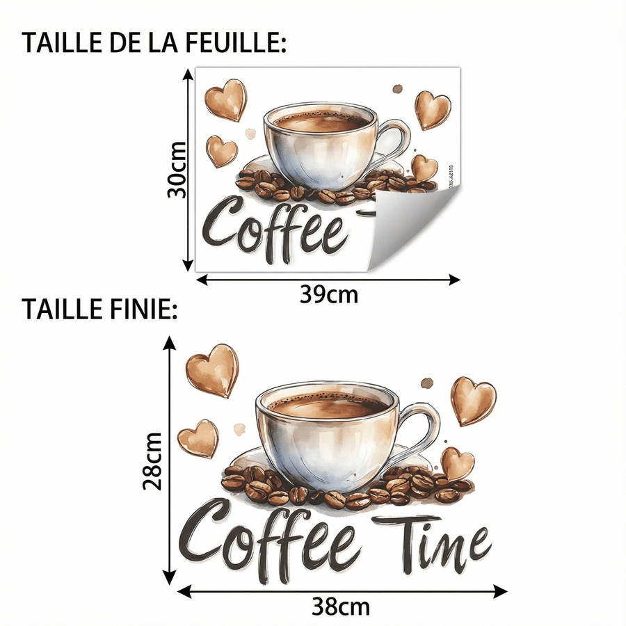 Comparaison entre la planche reçue et le motif posé : Stickers Muraux Tasse de Café avec Cœurs