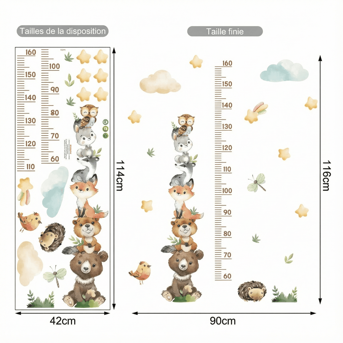 Stickers Muraux Toise Animaux de la Forêt - dimensions