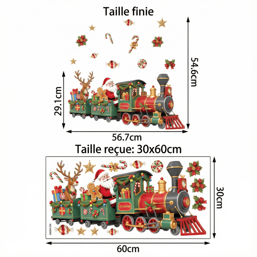 Comparaison entre la planche reçue et le motif posé : Stickers Muraux Train Père Noël