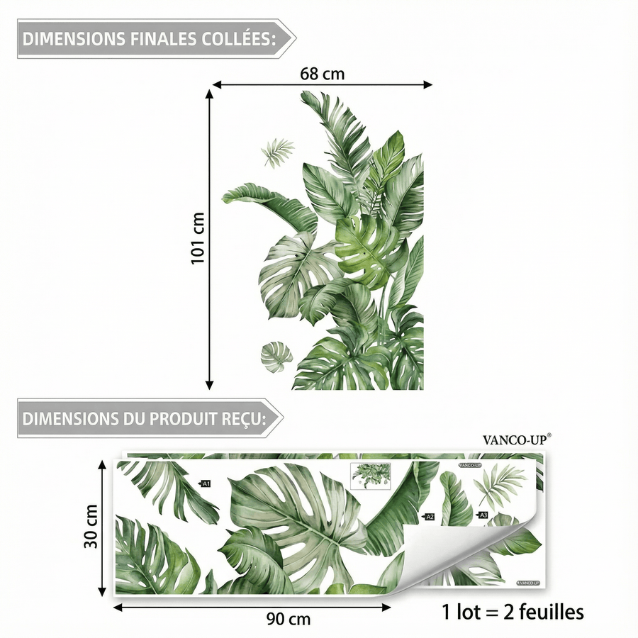 Comparaison entre la planche reçue et le motif posé : Stickers Muraux Végétal Tropical
