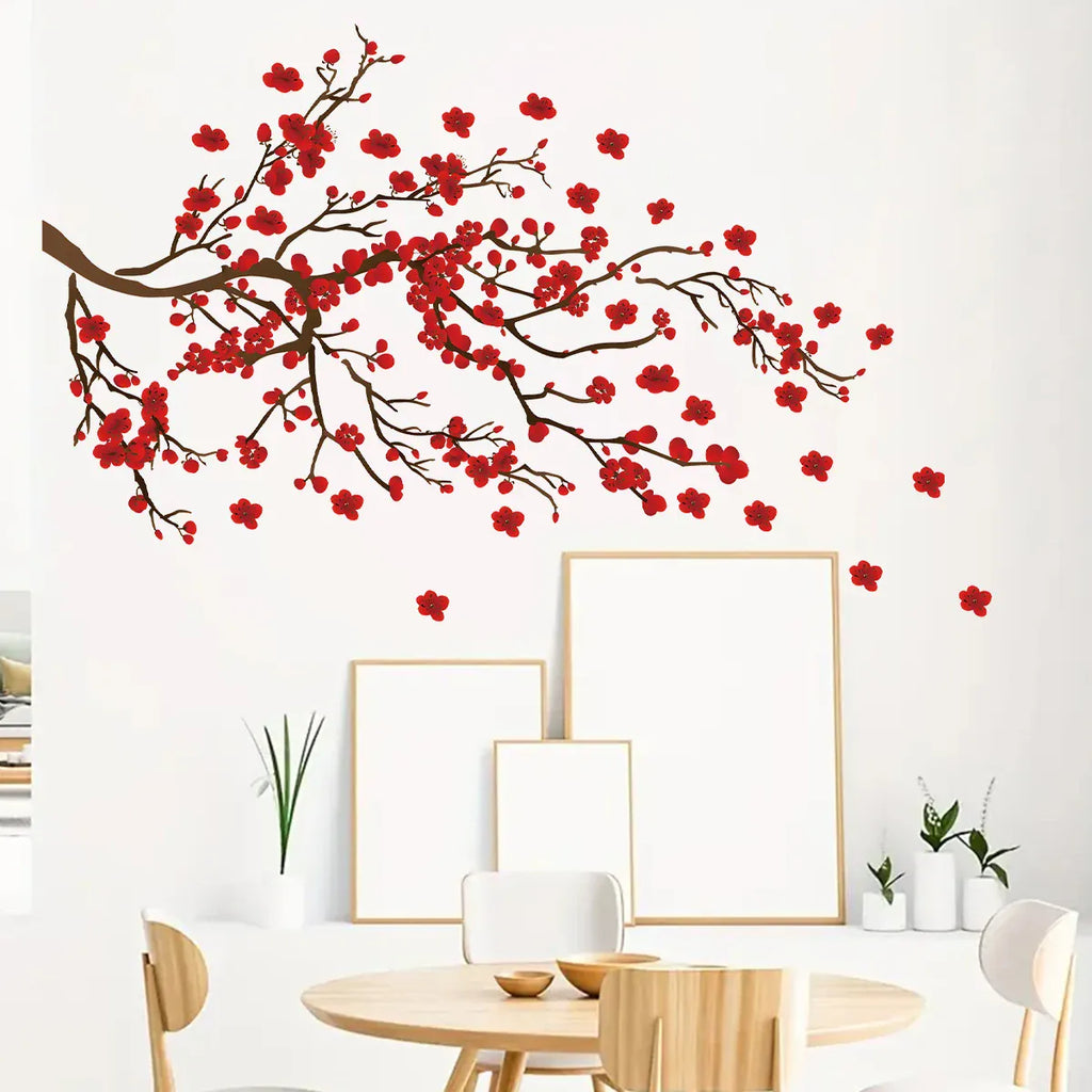 Grand Sticker Mural Branche Fleurie Rouge Salon