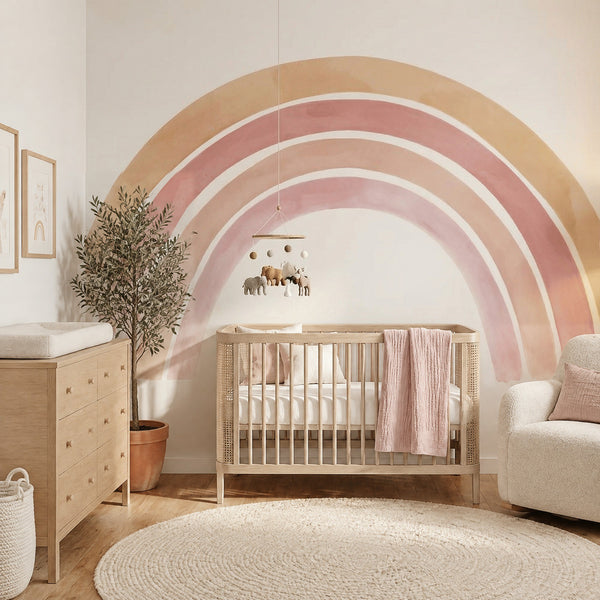 Grand sticker mural arc-en-ciel terracotta pastel au-dessus d'un lit à barreaux canné dans une chambre de bébé fille aux tons crème et rose poudré
