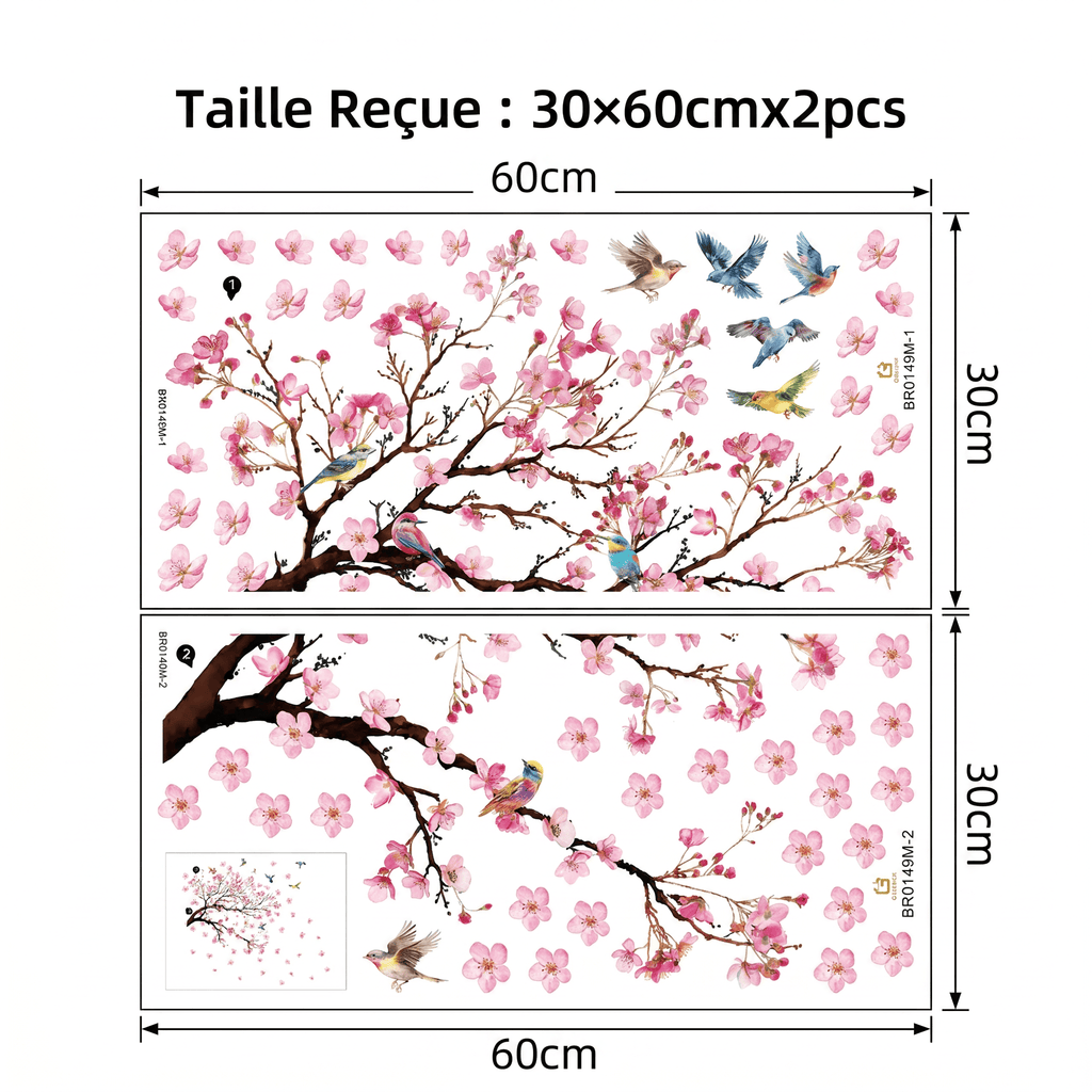 Grand Stickers Muraux Cerisier en Fleurs avec Oiseaux
