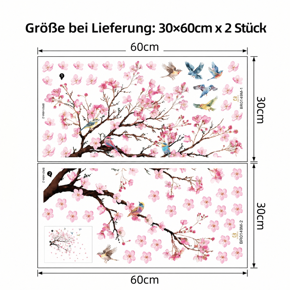 Wandtattoo Großer Kirschblütenbaum mit Vögeln - Maße