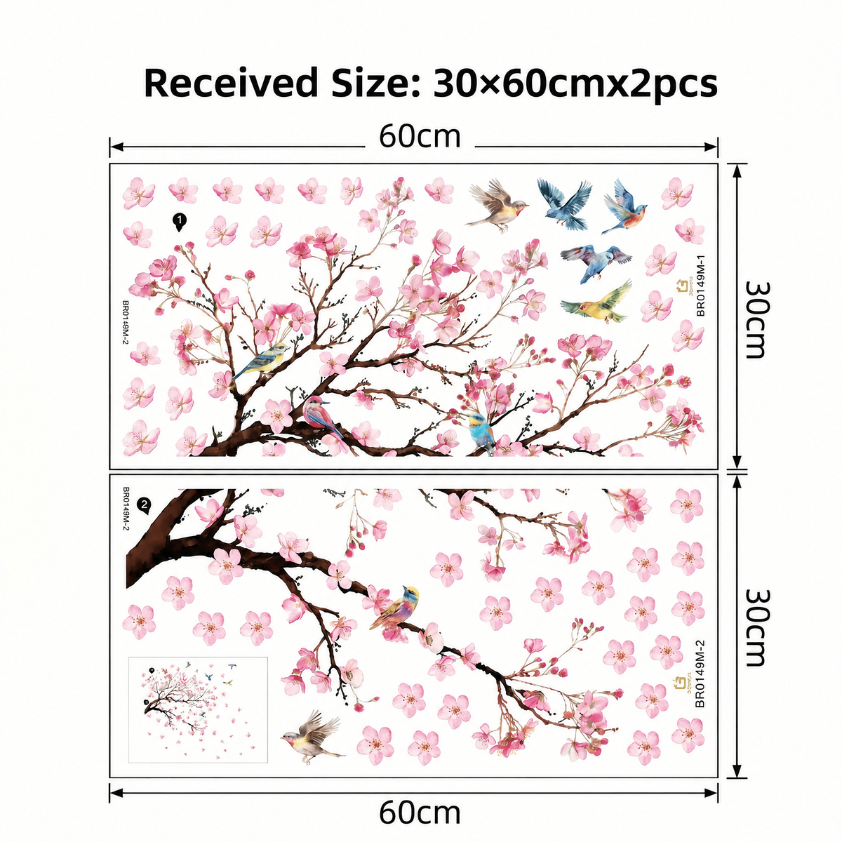 Large Cherry Blossom Tree with Birds Wall Stickers - dimensions