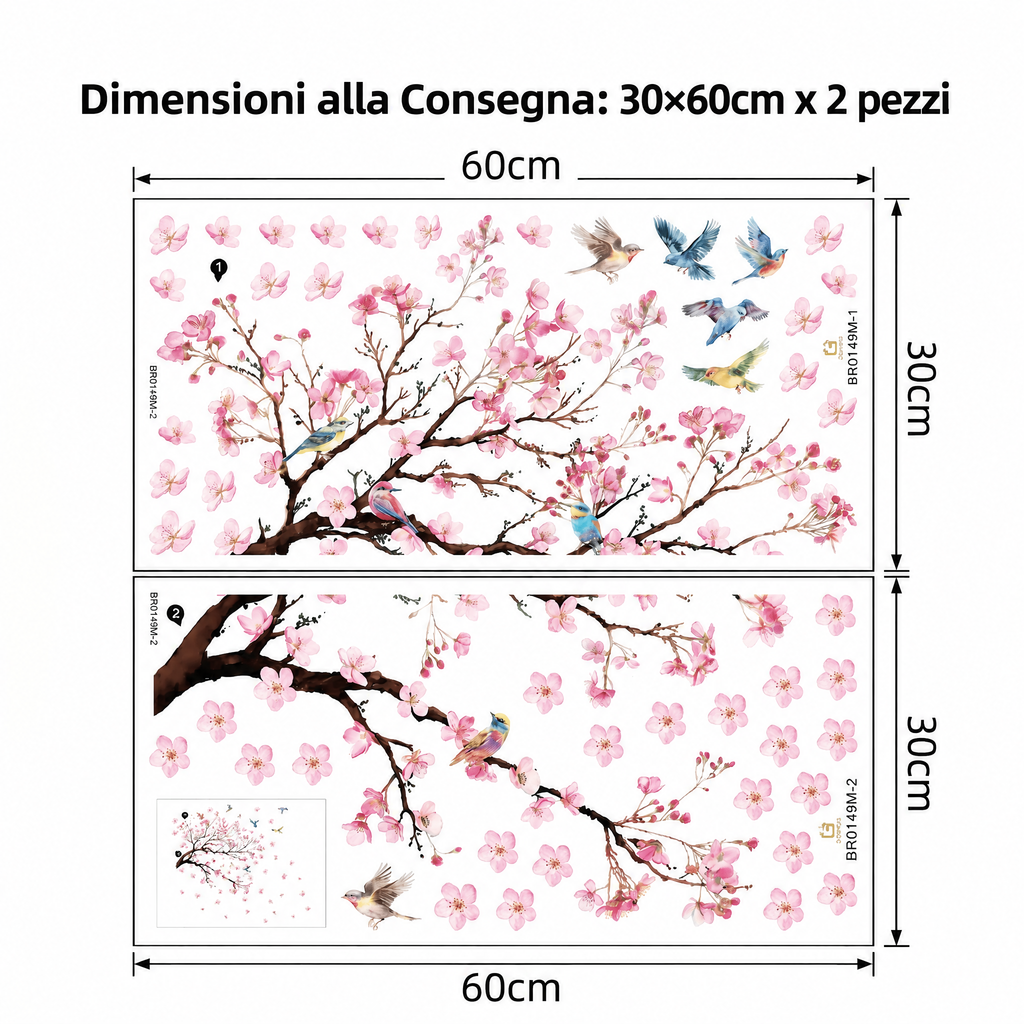 Adesivi murali grande ciliegio in fiore con uccellini - Dimensioni